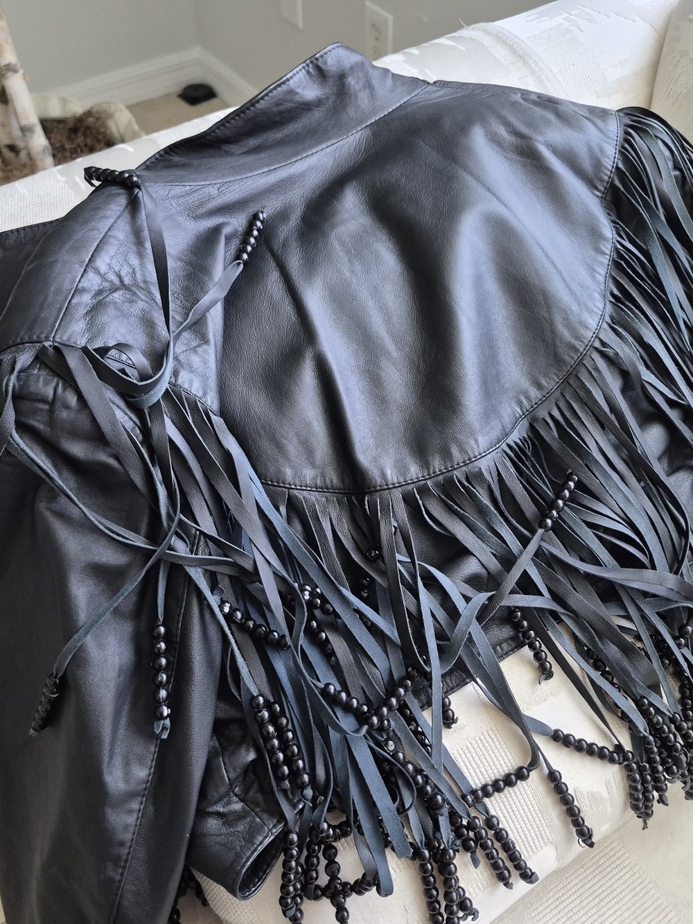 Gucci Black Leather Fringe Jacket with Beaded Trim